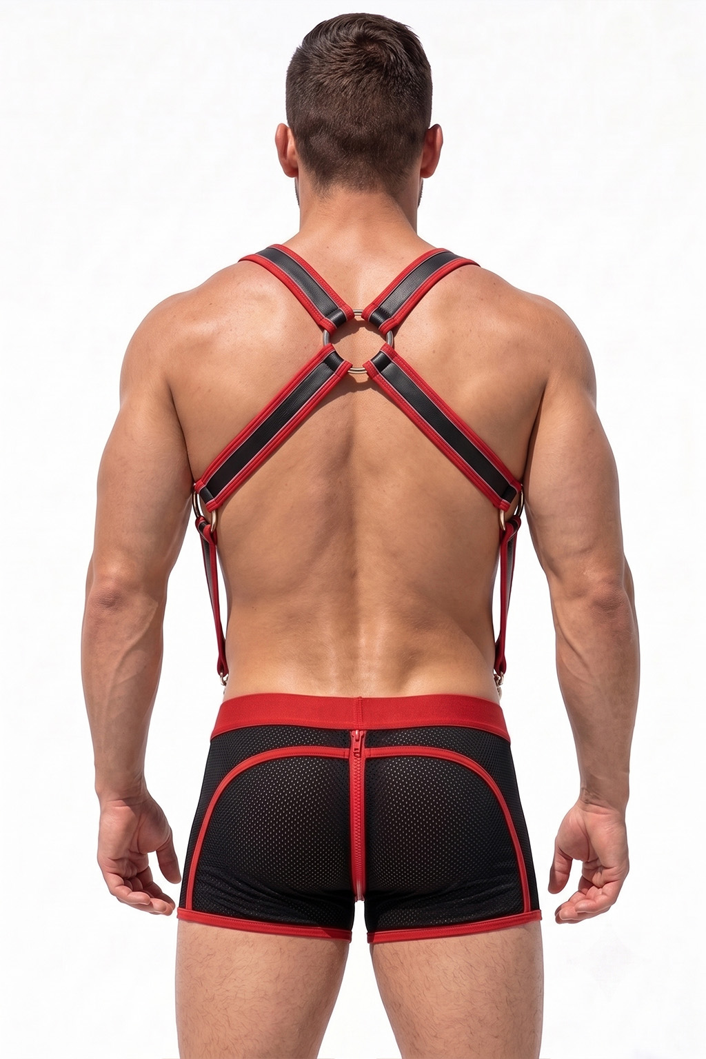 Mysteryglove Men's Black & Red Leather Harness with Mesh Boxer Shorts Set