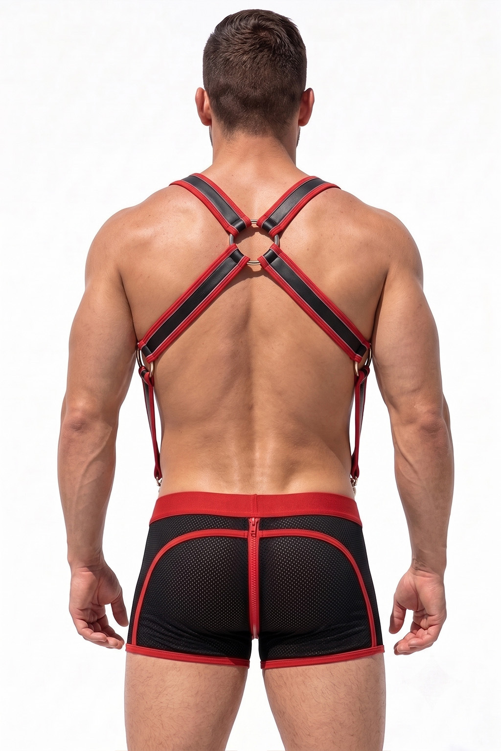 Mysteryglove Men's Black & Red Leather Harness with Mesh Boxer Shorts Set