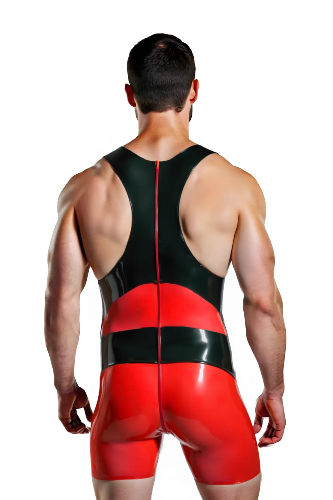 Mysteryglove Men's High-Gloss PU Leather V-Neck Singlet - Dynamic Color Block Bodysuit