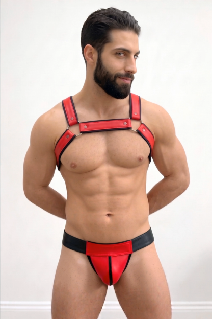 Mysteryglove Red & Black Leather-Style Harness Set — Chest Straps + Jockstrap Brief