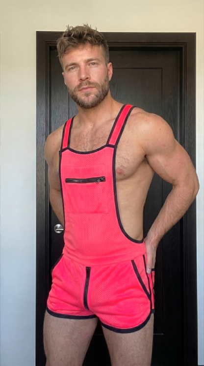 Mysteryglove Men's Blue Mesh Open Side Harness Romper with Adjustable Straps and Zip Pockets
