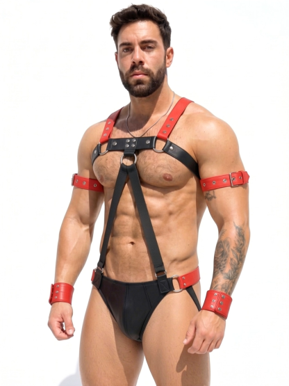 Mysteryglove Red & Black PU Leather Harness Jockstrap Set, O-Ring Chest Strap + Suspender Front + Open-Seat Back