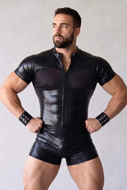 Mysteryglove Black Gloss PU Leather Short Sleeve Bodysuit, Front Full-Length Zipper + Mesh Panel Design
