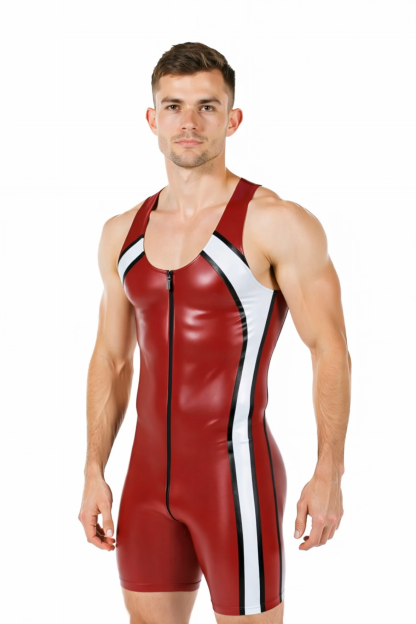  Mysteryglove PU Leather Bodysuit with Unique Back Cutout - Red and White