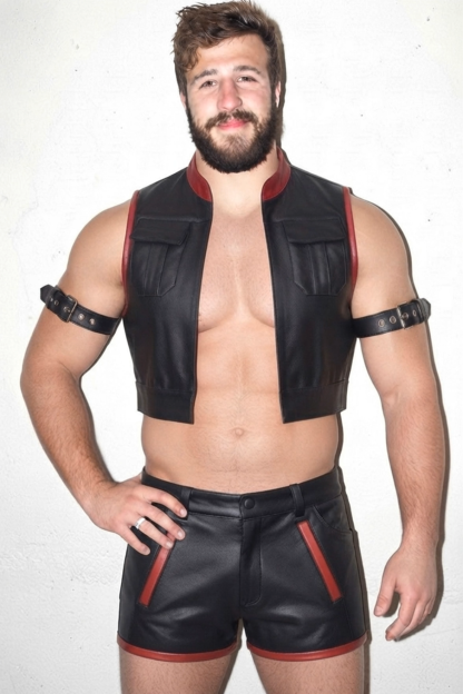 Mysteryglove Black & Red PU Leather Vest Set, Open-Front Crop Vest + Cutout Shorts