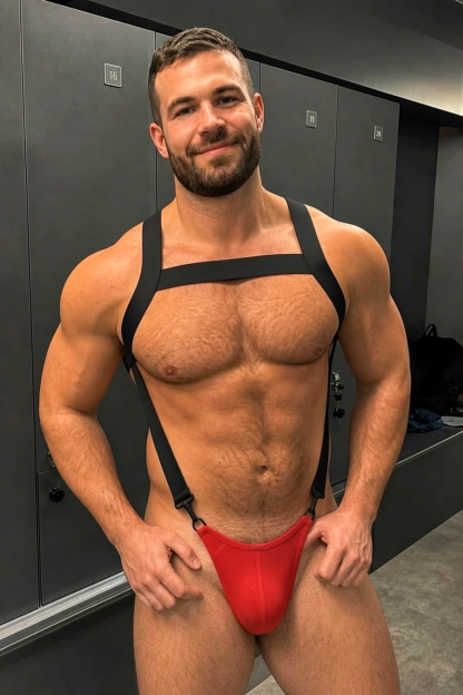 Mysteryglove Men's Leather Chest Harness & Red Open Back Jockstrap Set
