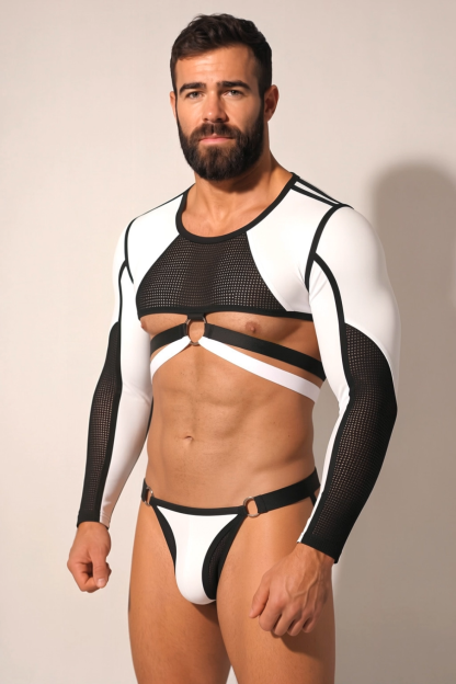 Mysteryglove Black & White Mesh Harness Set, Long Sleeve Crop Top + Open-Back Jock Bottom + O-Ring Detail