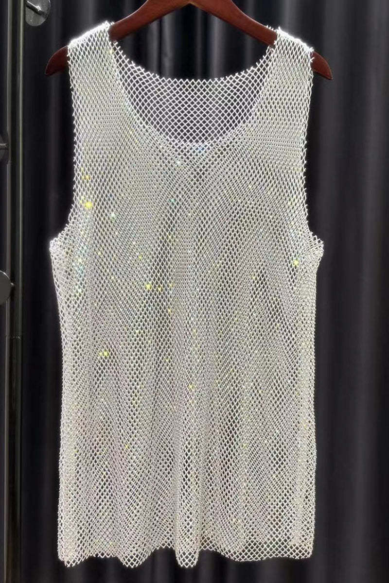 Unisex Mesh Rhinestone Shiny Raw Cut Festival Tank Top