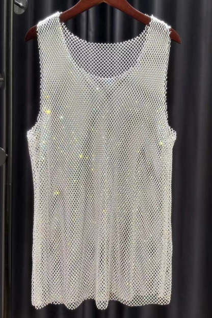 Unisex Mesh Rhinestone Shiny Raw Cut Festival Tank Top
