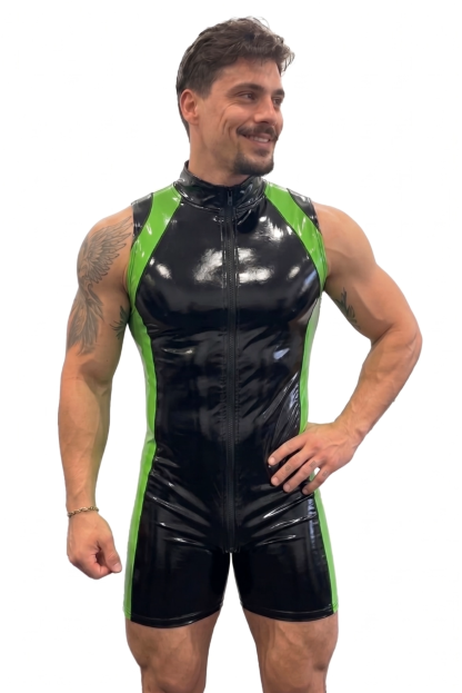 Mysteryglove Black & Yellow Gloss PU Leather Singlet Bodysuit, Front Zip + Open-Seat Back + Contrast Panels
