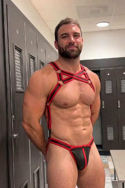 Mysteryglove Red & Black Elastic Webbing Harness Set — Geometric Chest Strap Structure + Jockstrap Design for Club & Fetish Wear