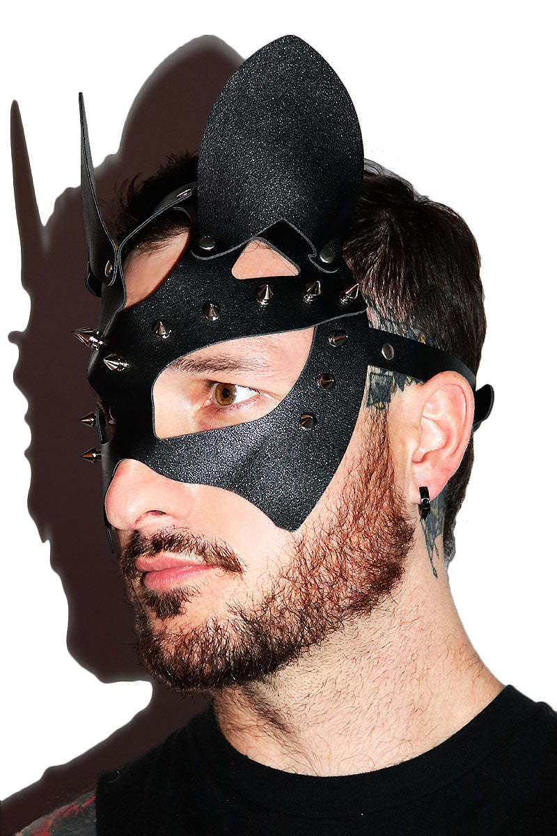 Halloween Cat Half Face Mask in PU Leather with Metal Rivets