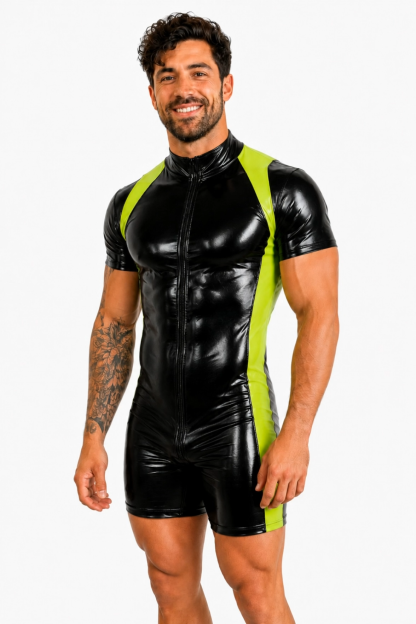 Mysteryglove Black & Blue Gloss PU Leather Singlet Bodysuit, Mesh Panel Design + Front Zip + Open Back
