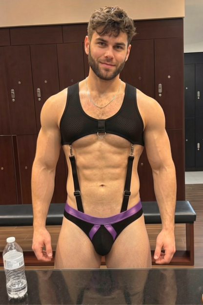 Mysteryglove Men’s Mesh Harness Jockstrap Set — Purple Trim, Suspender Straps & D-Ring Front