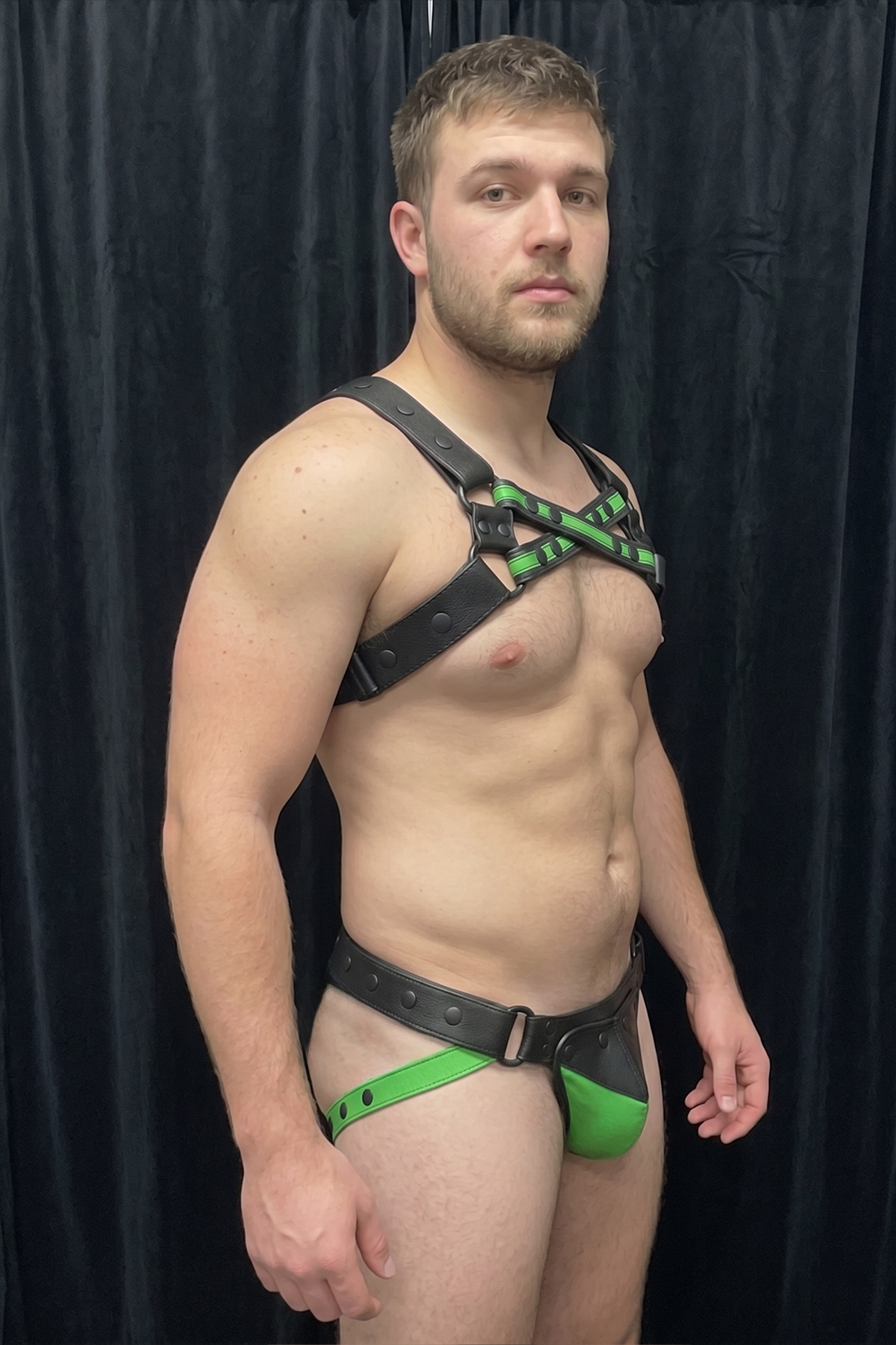 Mysteryglove Black & Green PU Leather Harness Set with X-Back + Jockstrap