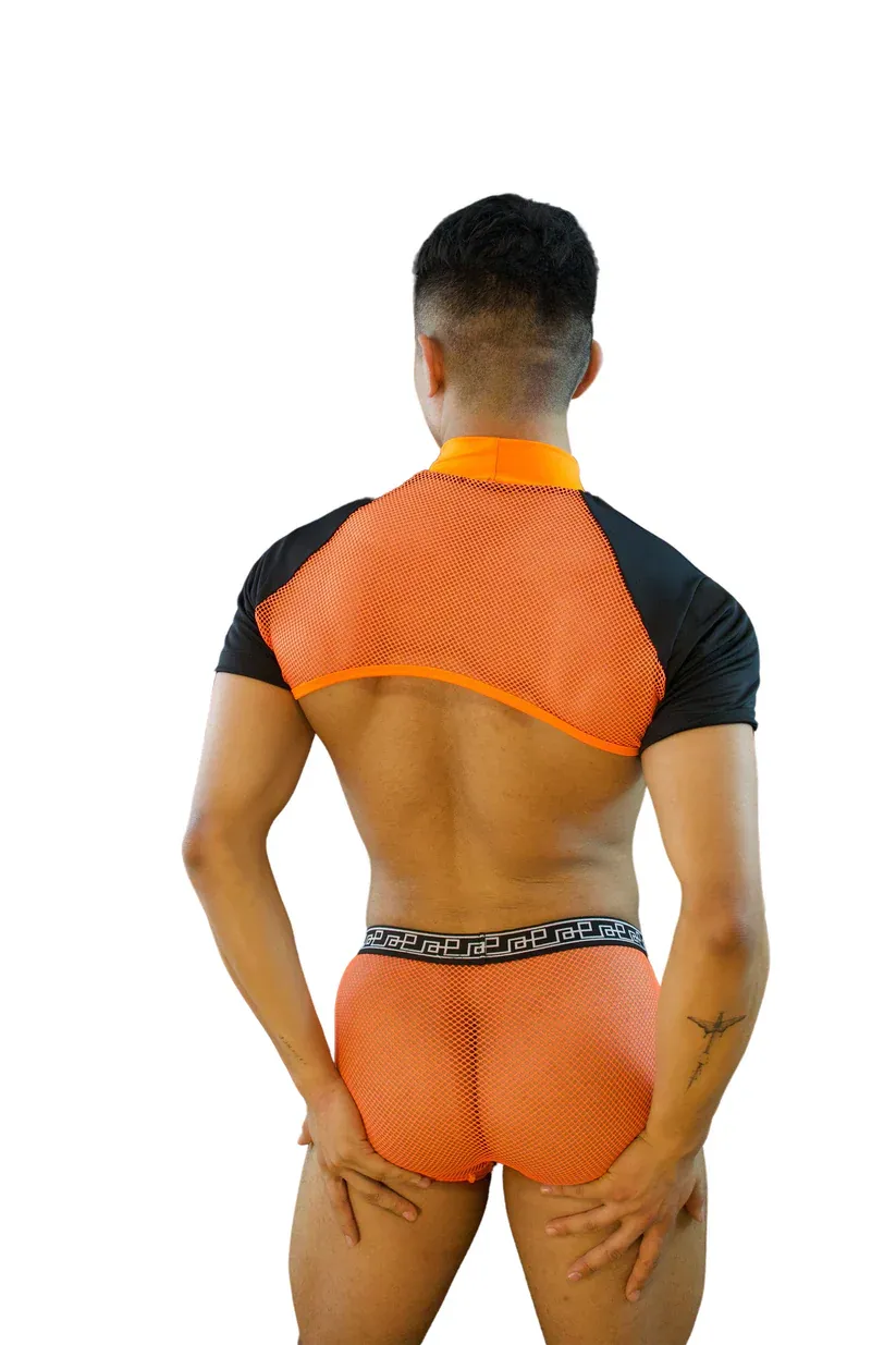 Neon Orange Mesh Crop Top and Boxer Brief Set
