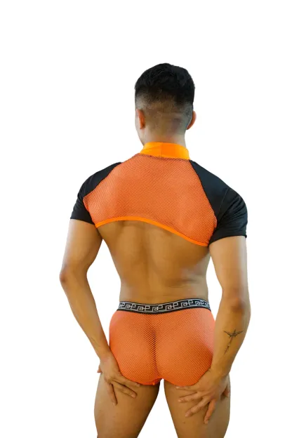 Neon Orange Mesh Crop Top and Boxer Brief Set