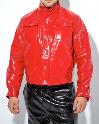 Red Hot Gloss: Men's High-Shine Vinyl Jacket