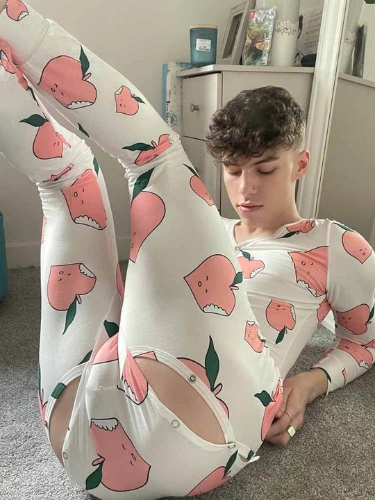 Peach Print Button Flap One-Piece Pajamas