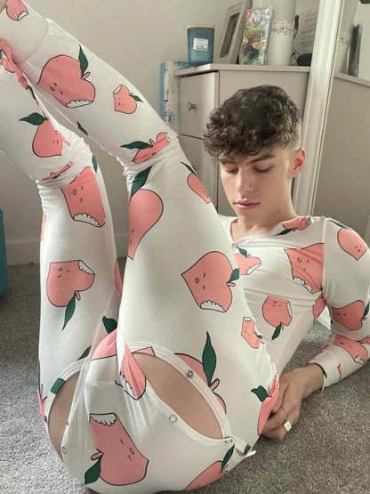 Peach Print Button Flap One-Piece Pajamas