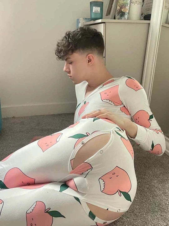 Peach Print Button Flap One-Piece Pajamas