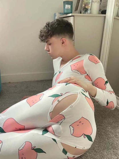 Peach Print Button Flap One-Piece Pajamas