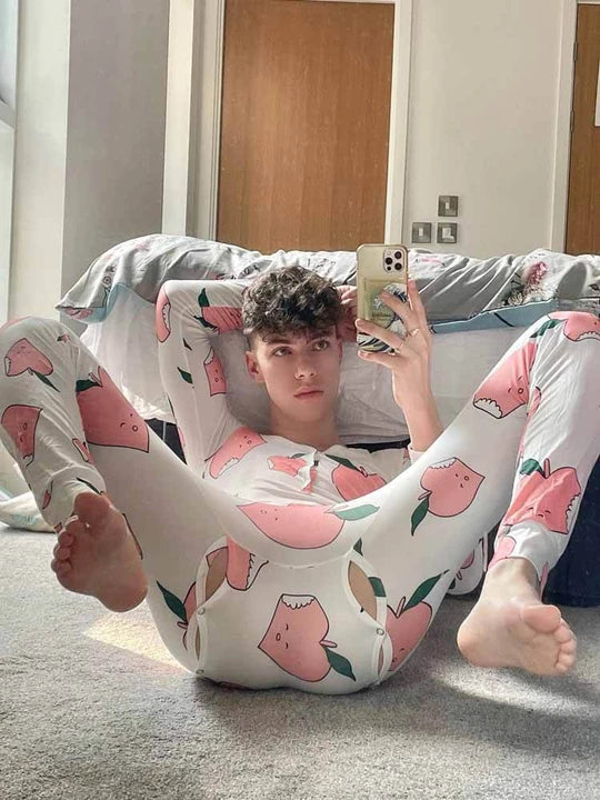 Peach Print Button Flap One-Piece Pajamas