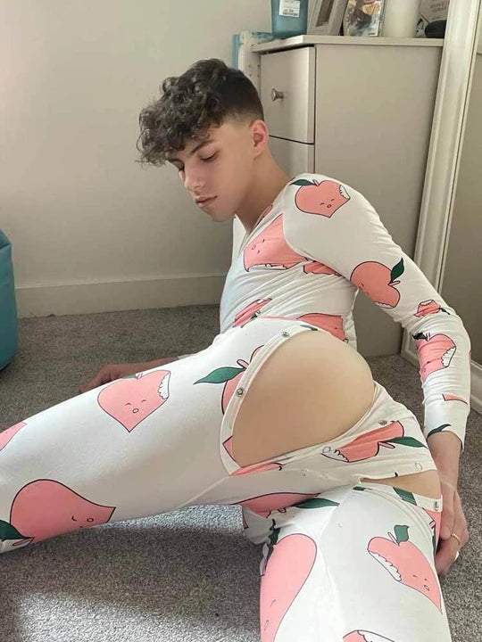 Peach Print Button Flap One-Piece Pajamas