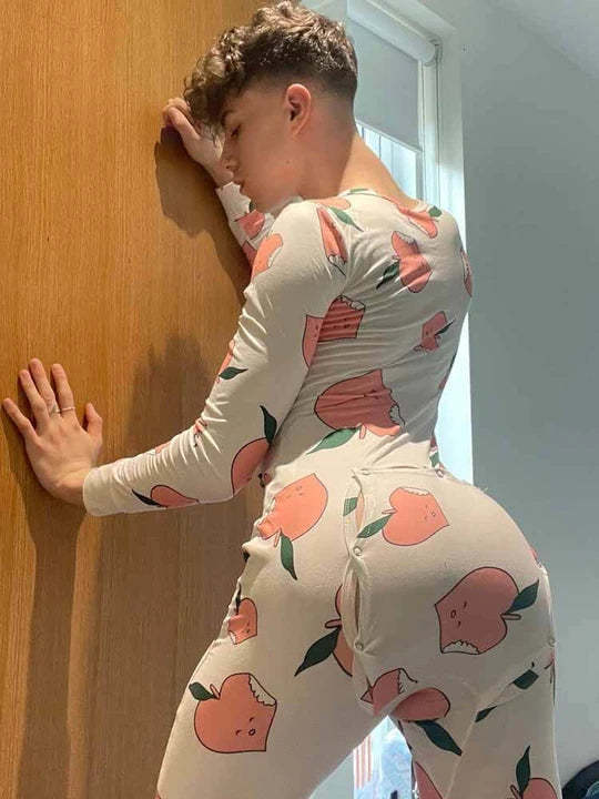 Peach Print Button Flap One-Piece Pajamas