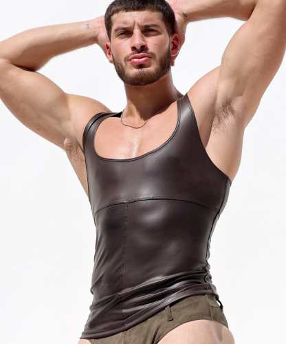 Men's Brown Fitted Low Chest Tank Top