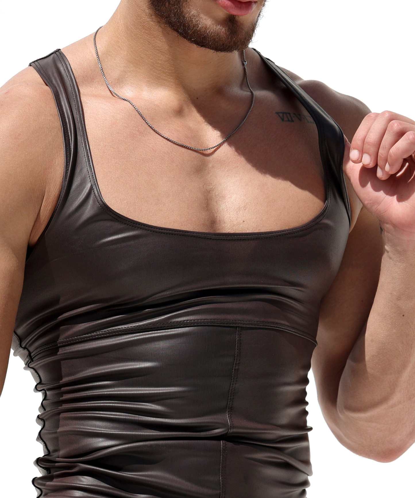 Men's Brown Fitted Low Chest Tank Top