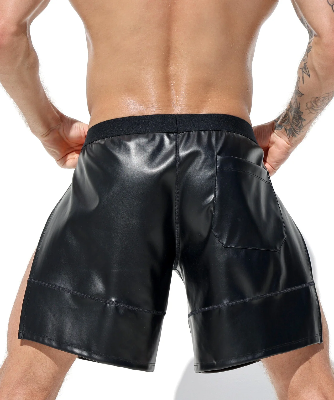 Mysteryglove Sleek Black PU Leather Side-Slit Shorts