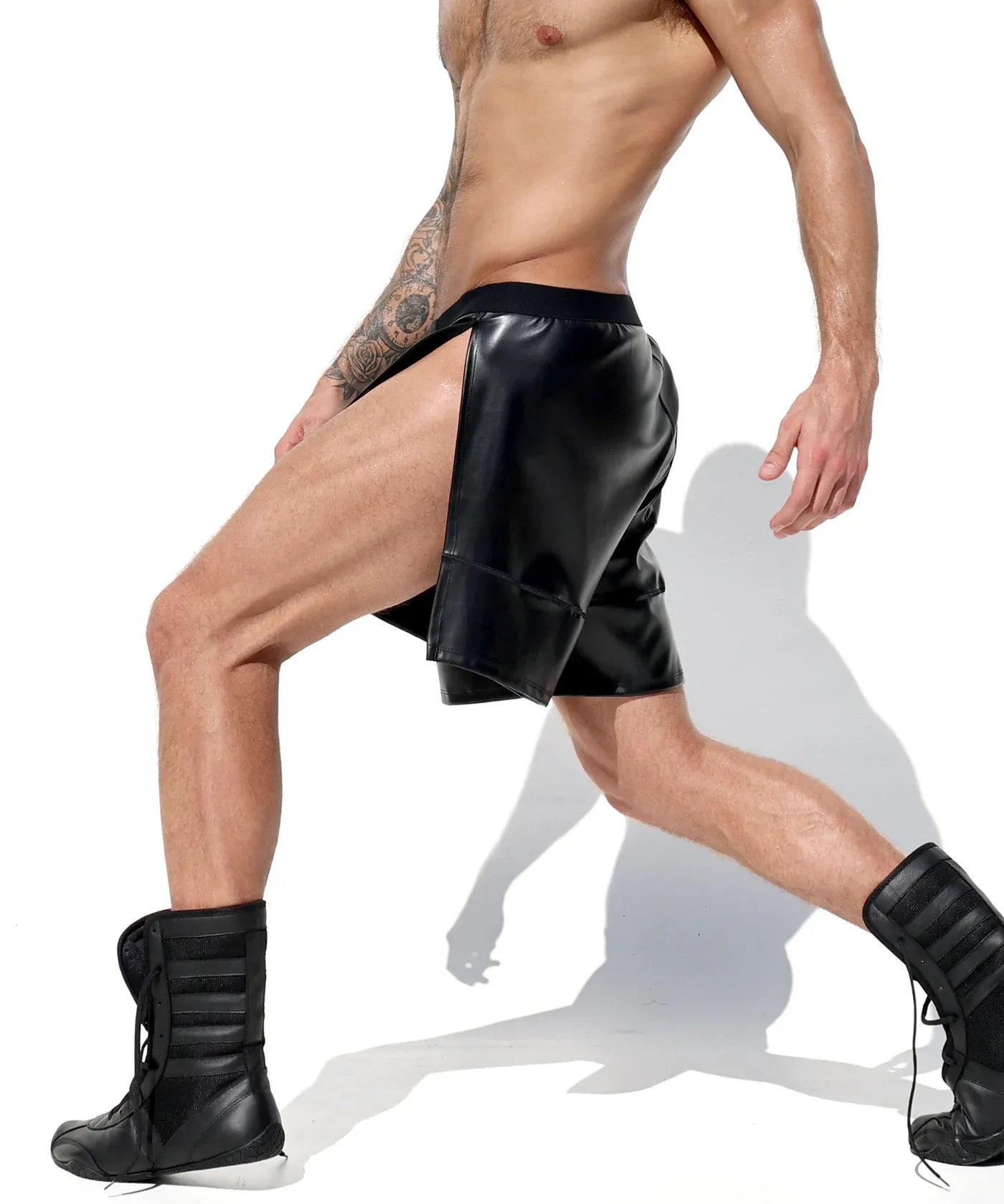 Mysteryglove Sleek Black PU Leather Side-Slit Shorts