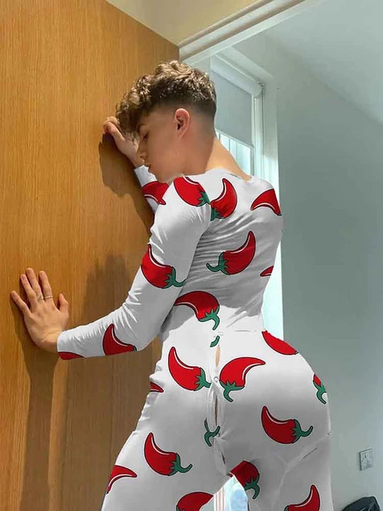 Red Pepper Print Button Flap One-Piece Pajamas