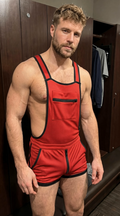 Mysteryglove Red Mesh Suspender Set, Open-Side Bib Top + Zip-Front Pocket Shorts