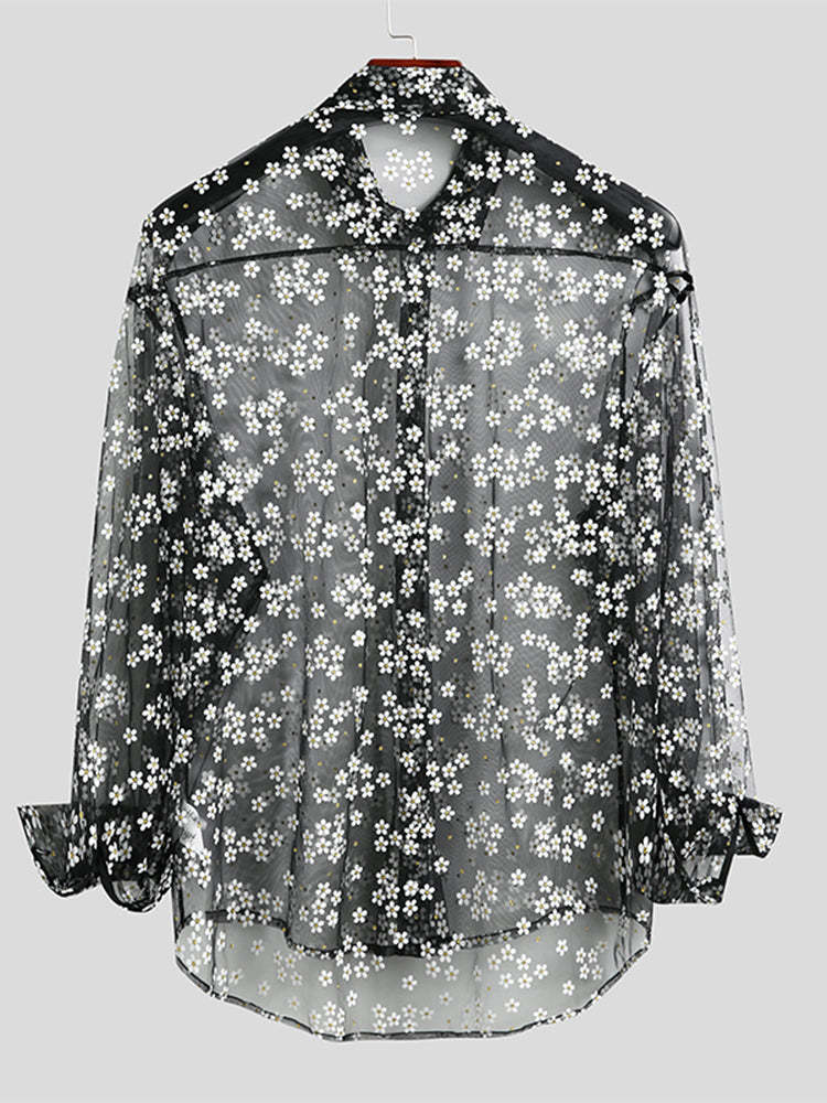 Mens See Through Mesh Floral Shirts