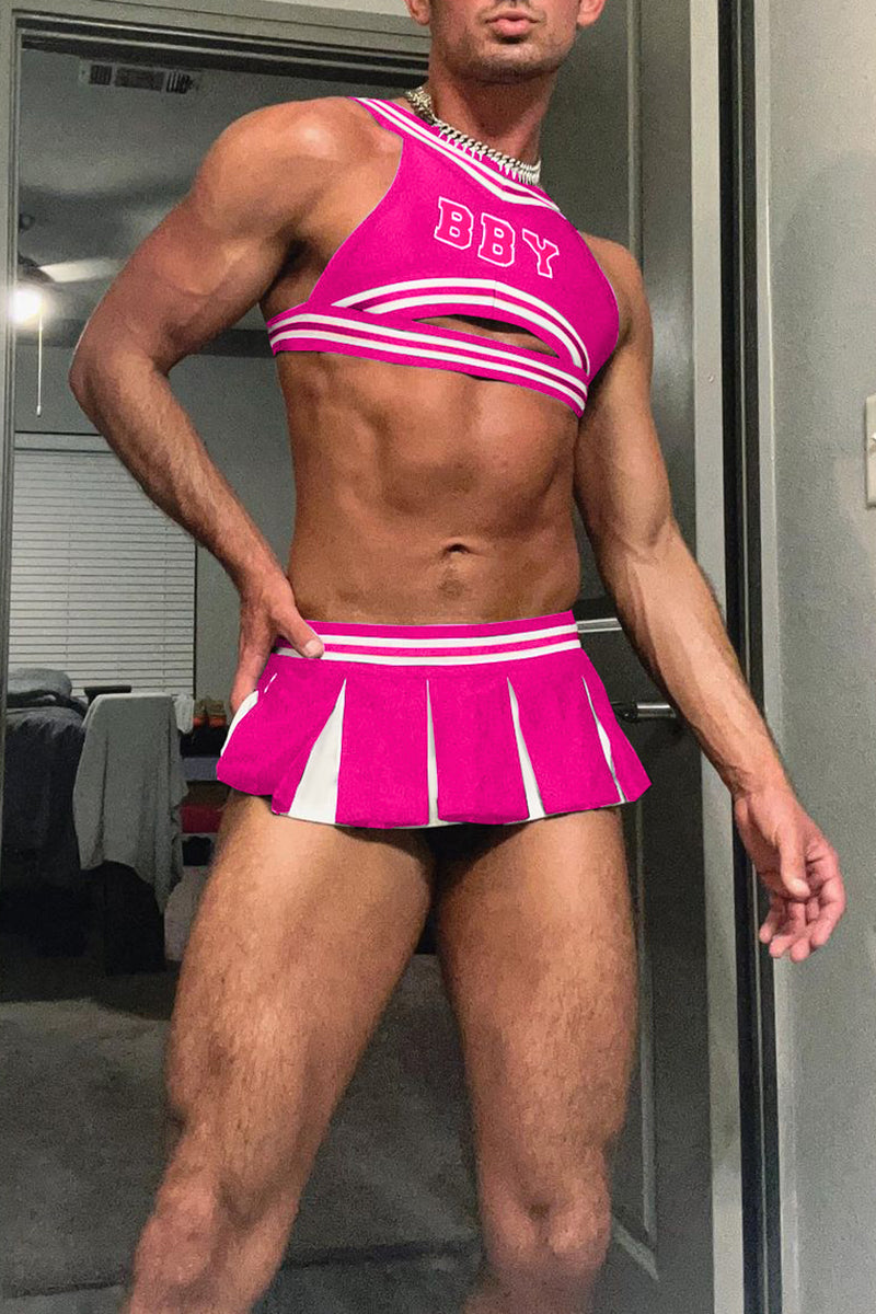 Cheerleader Colorblock Crop Tank Top Mini Pleated Skirt Fuchsia Two Piece Set