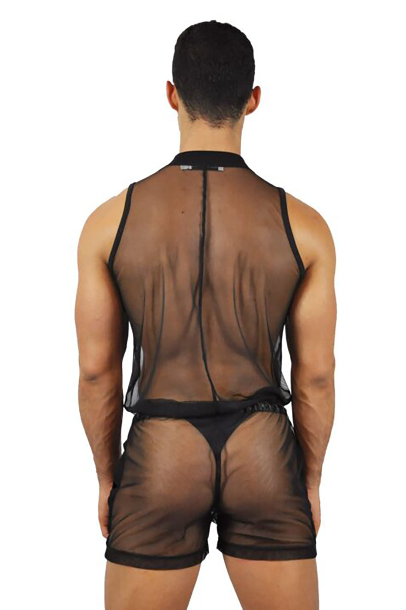 Men's Sleeveless Black Romper with Zipper and See-Through Mandarin Collar Design