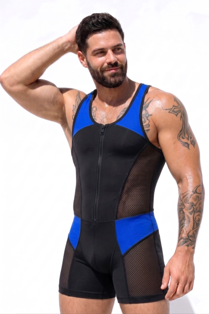 Mysteryglove Black & Blue Mesh Singlet Bodysuit, Front Full-Length Zip + Contrast Panel Design + Open Back Detail