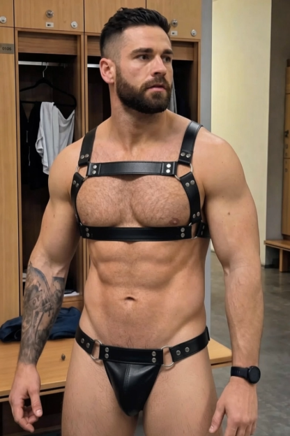 Mysteryglove PU Leather Black Harness & Jockstrap Set – Open-Back Cheeky Cut