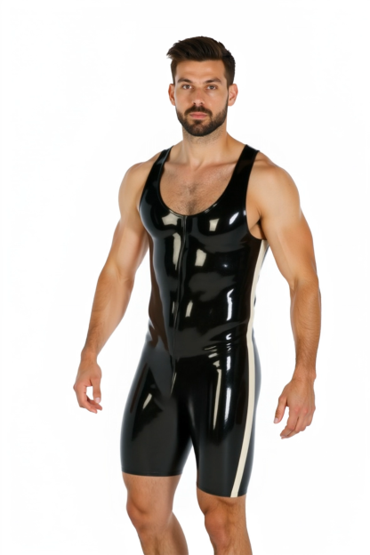 MysteryGlove Men's Wet Look PU Leather Wrestling Singlet with Zipper – Black / Red