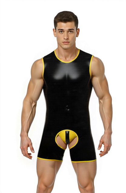 Mysteryglove Bold Cut-Out PU Leather Bodysuit for Men – Sleeveless, Black with Yellow Highlights