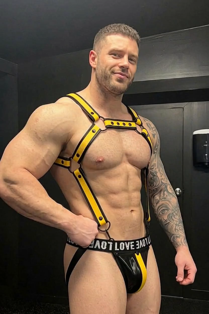 Mysteryglove Yellow & Black PU Leather Harness Set — Studded Chest Strap Structure + Jockstrap Design for Club & Fetish Wear