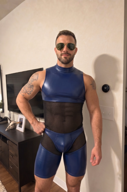 Mysteryglove Blue PU Leather & Mesh One-Piece Bodysuit, High Neck with Full Back Zipper