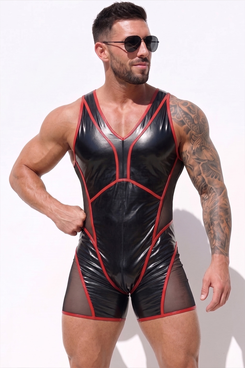 Mysteryglove Black & Red Gloss PU Leather Mesh Singlet Bodysuit, Front Full-Length Zip + Red Contrast Trim + Side Mesh Panels