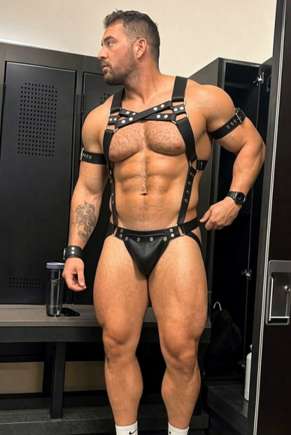 Mysteryglove Black PU Leather Full-Body Harness Set — Studded Chest Straps + Matching Jockstrap (No Wrist/Arm Bands)