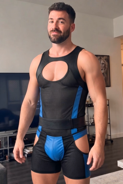 Mysteryglove Mesh & Gloss PU Leather Singlet, Blue Contrast Panels + Chest Cutout + Back Zip