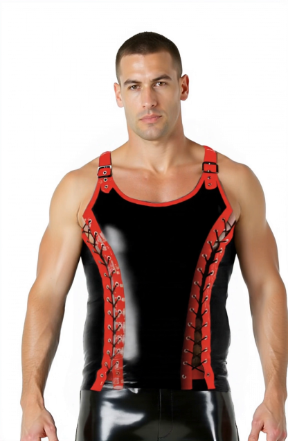 Mysteryglove Men's Faux Leather Tank Top with Red Lace-Up Front and Buckle Straps – Bold Gothic Statement Wear