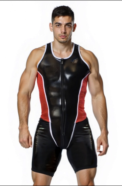 Racerback Zip-Front Bodysuit with Red Mesh Side Panels