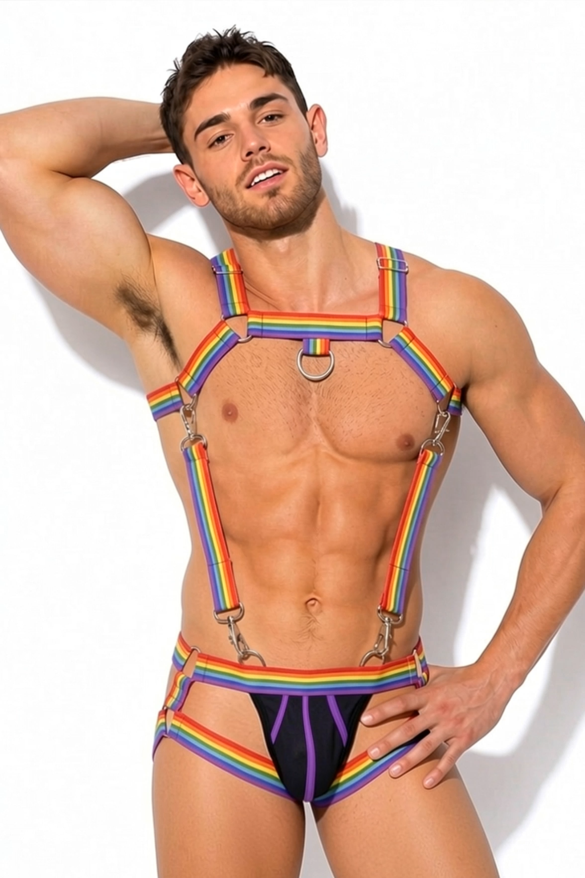 Mysteryglove Pride Rainbow Strap Harness Set — Chest D-Ring + Supportive Briefs